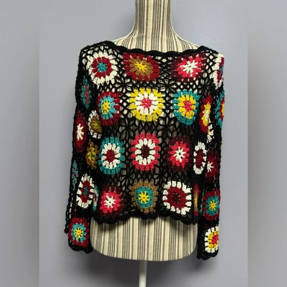 Wild Honey oversized bell sleeve Multicolor Crochet Knit cropped Sweater S - Picture 2 of 14